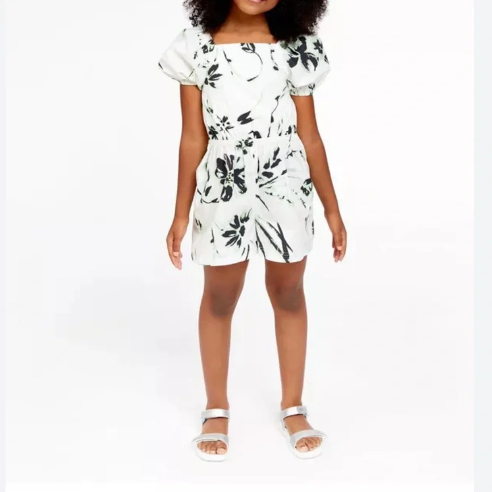 Tanya Taylor Mini Stevie Romper XS Green & Black Flowers on White Cotton Elastic